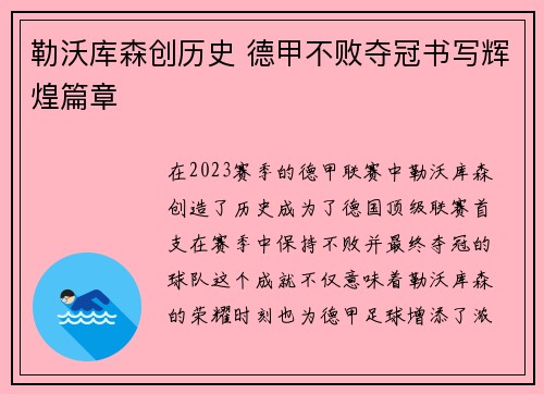勒沃库森创历史 德甲不败夺冠书写辉煌篇章